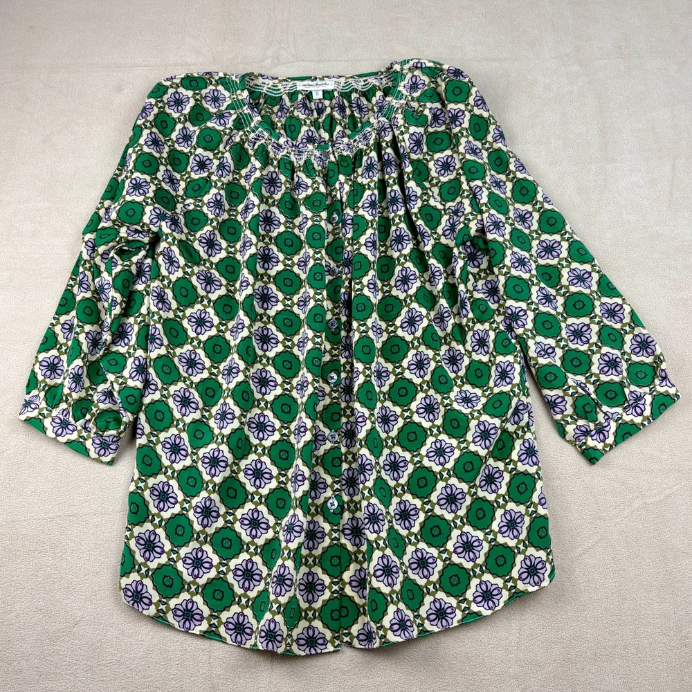 Crème Fraîche Green Floral Print Blouse Women's Small Top 3/4 Sleeve Button Down